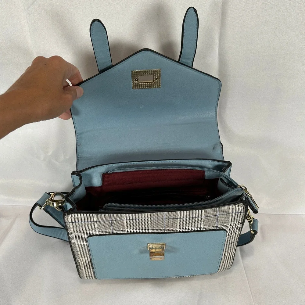 Michael Kors Glen Plaid Satchel Crossbody Bag Light Blue Gold W/Handle & Strap